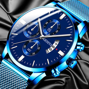 Men Luxury Blue Stainless Steel Mesh Belt Analog Quartz Watch