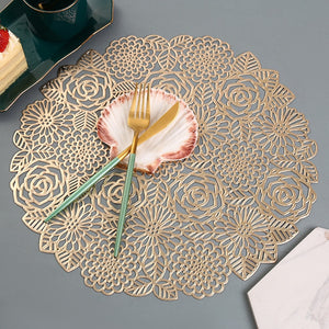 Table Mat Hibiscus Flower Bronzing PVC Placemat Hollow Insulation  Coaster Pads Table Bowl Home Christmas Decor Heat Resistant