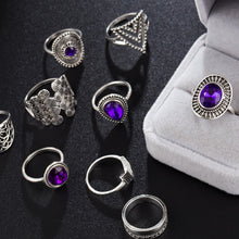 Load image into Gallery viewer, 9pcs/sets Purple Rhinestone Vintage Silver Color Rings for Women
