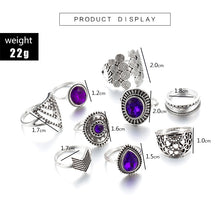 Load image into Gallery viewer, 9pcs/sets Purple Rhinestone Vintage Silver Color Rings for Women
