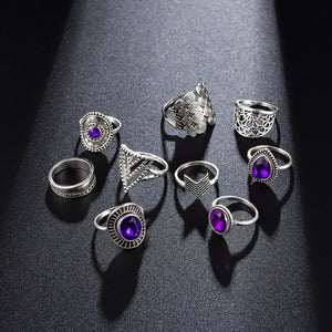 9pcs/sets Purple Rhinestone Vintage Silver Color Rings for Women