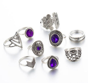9pcs/sets Purple Rhinestone Vintage Silver Color Rings for Women