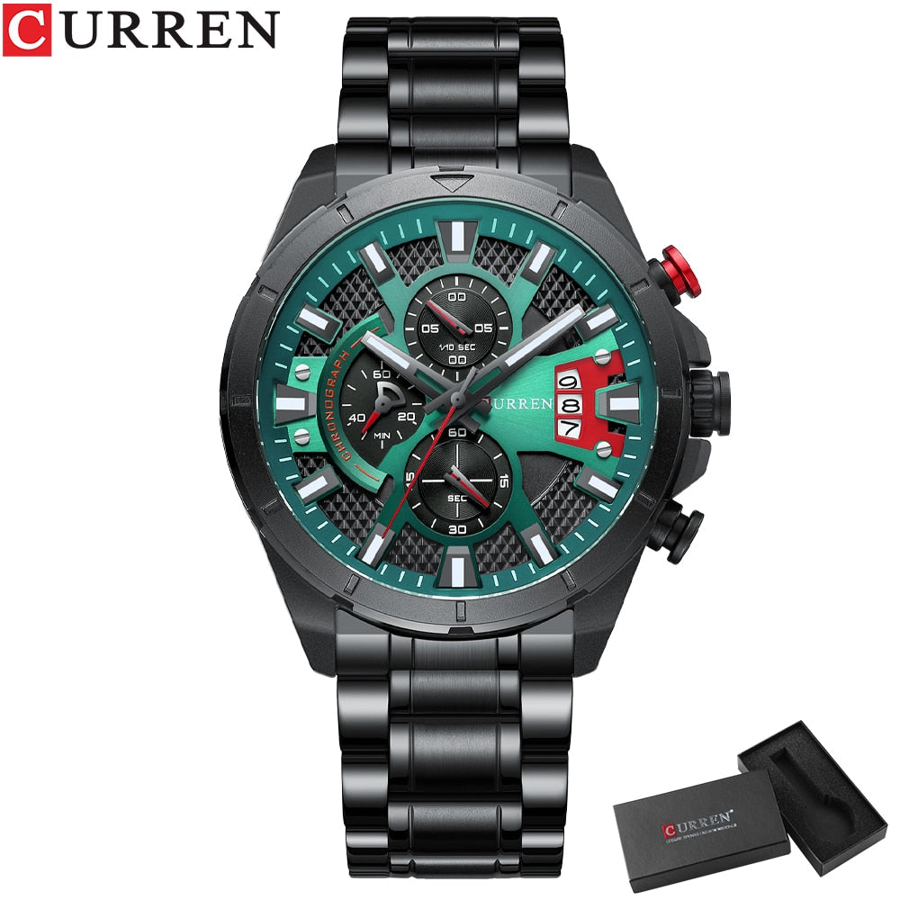 CURREN Luminous Black Watch Green Face with Stainless Steel Band Chonograph Clock