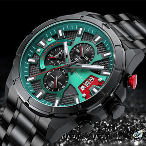 CURREN Luminous Black Watch Green Face with Stainless Steel Band Chonograph Clock