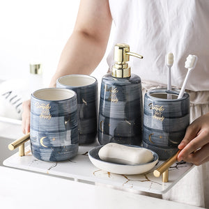 Creative Marble Ceramics Five-Piece Bathroom accessories set, Toothbrush Holder, Mouthwash Cup Shampoo Dispenser Soap Dish
