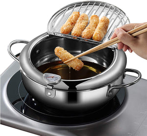 Thermometer and a Lid 304 Stainless Steel Kitchen Tempura Fryer Pan 20 24 cm