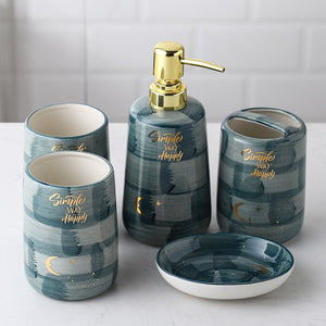 Creative Marble Ceramics Five-Piece Bathroom accessories set, Toothbrush Holder, Mouthwash Cup Shampoo Dispenser Soap Dish