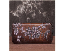 Load image into Gallery viewer, Genuine Leather Women Wallet, Long flower Clutch purse

