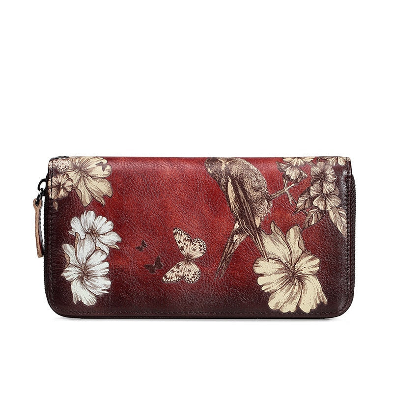 Genuine Leather Women Wallet, Long flower Clutch purse
