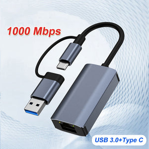 USB C Ethernet Network Adapter For Macbook Pro Laptop 1000 Mbps USB-C 3 0 To RJ45 Dual USB 3.0 Type-C Network Card Lan Samsung Gift For Birthday/Easter/President's Day/Boy/Girlfriends